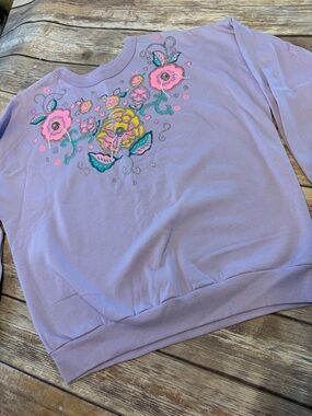 Vintage 90s Womens Large Handcrafted Puffy Paint Floral Grandma Sweatshirt